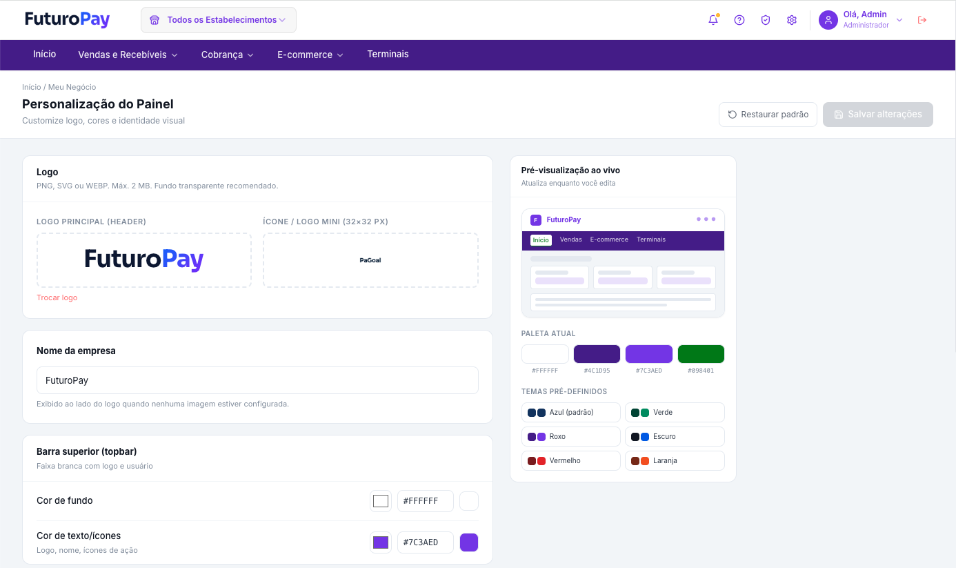 Tela de personalização do painel com logo, cores e pré-visualização ao vivo