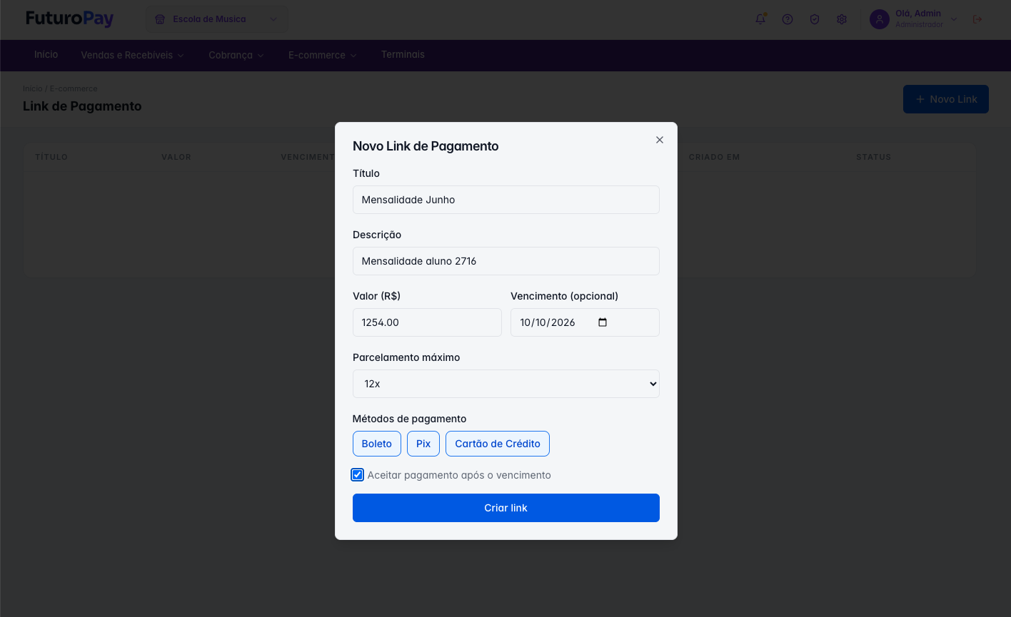 Modal de criação de novo link de pagamento no FuturoPay